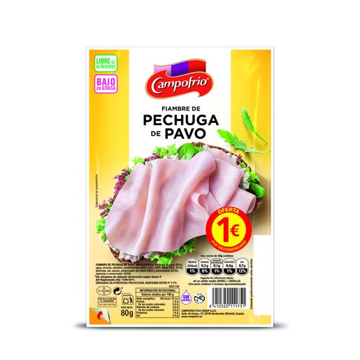 PAVOFRÍO fiambre de pechuga de pavo en lonchas sobre 80 gr